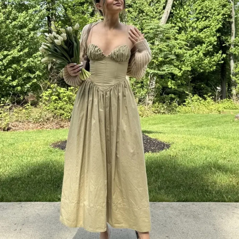 Ronny Kobo Beige Corset Midi Dress XS Cotton Cottage Sundress Designer $400 - Picture 10 of 16